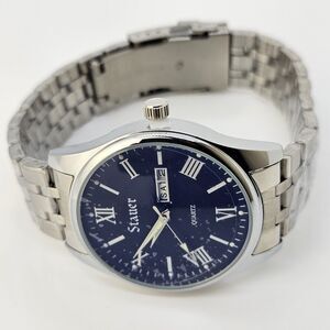 Stauer Men's Watch 40MM Roman Numerals Blue‎ Dial Day Date Gray Bracelet Band 8"